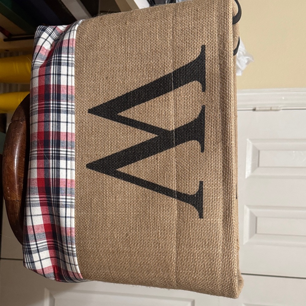 New monogram W Kirklands Tan, red, blue plaid baskets